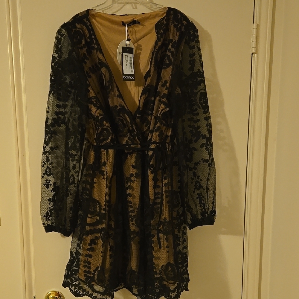 Black Lace Overlay Dress With Sheer Sleeves